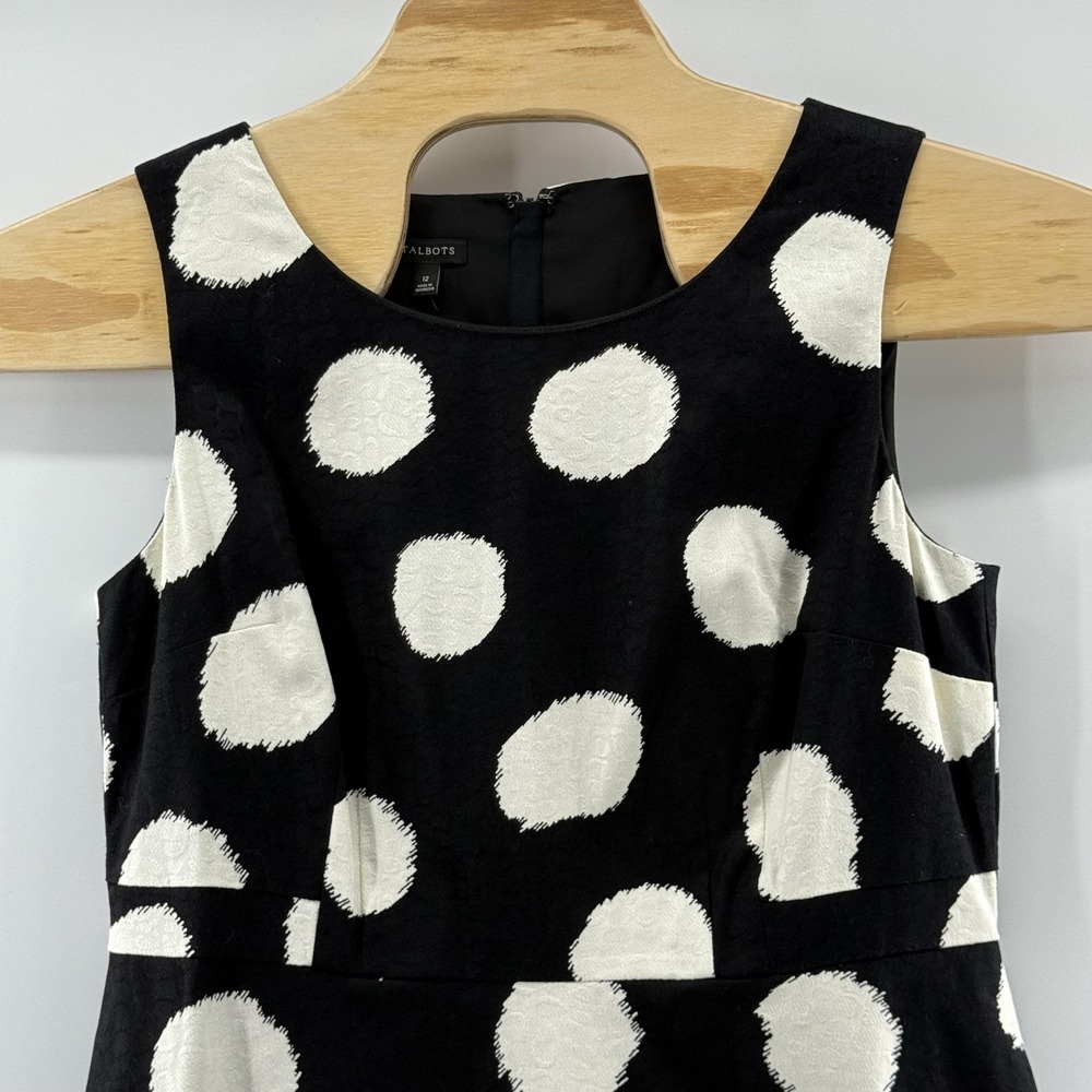Talbots Dress Womens 12 Black White Polka Dot Sleeveless‎ A-Line Textured Party